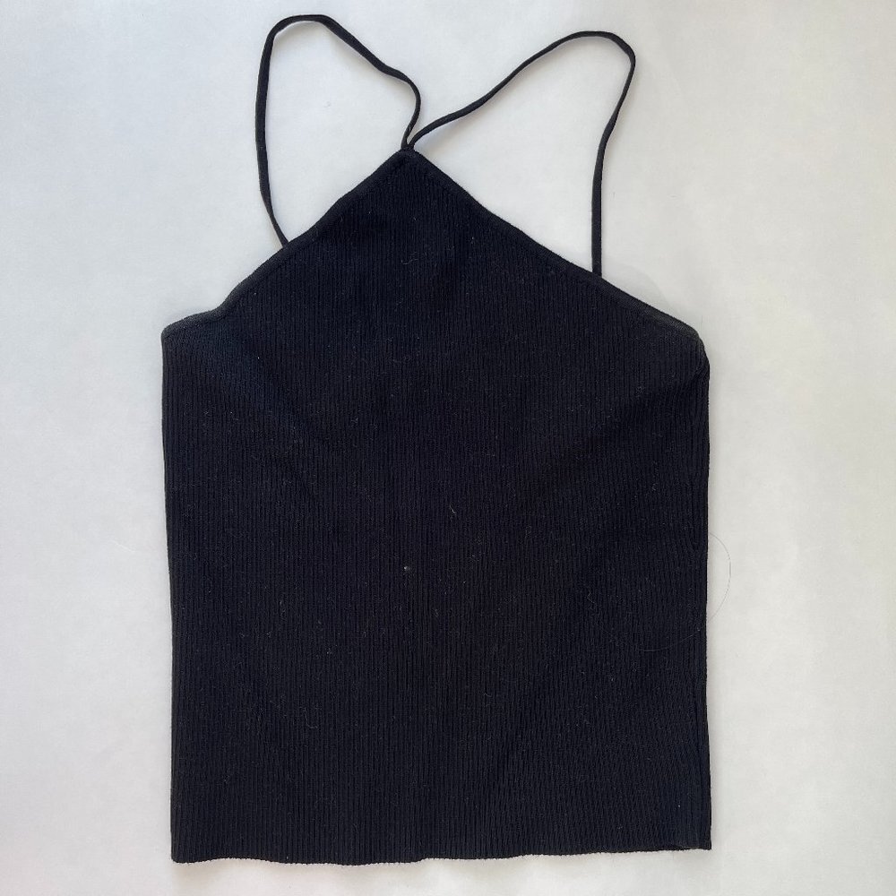 Zara Black Ribbed Halter Neck Fitted Criss Cross Top Size M
